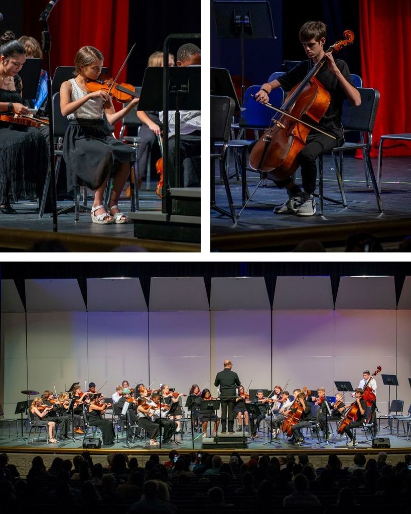 Group of  middle school orchestra students performing on stage. One image of a girl on violin and one image of a boy playing a cello 