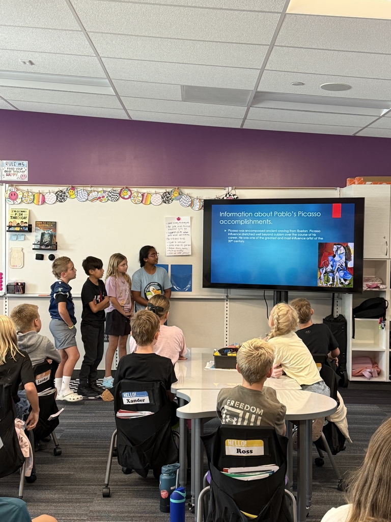 four students presenting to classmates about Pablo Picasso's interesting facts on the tv