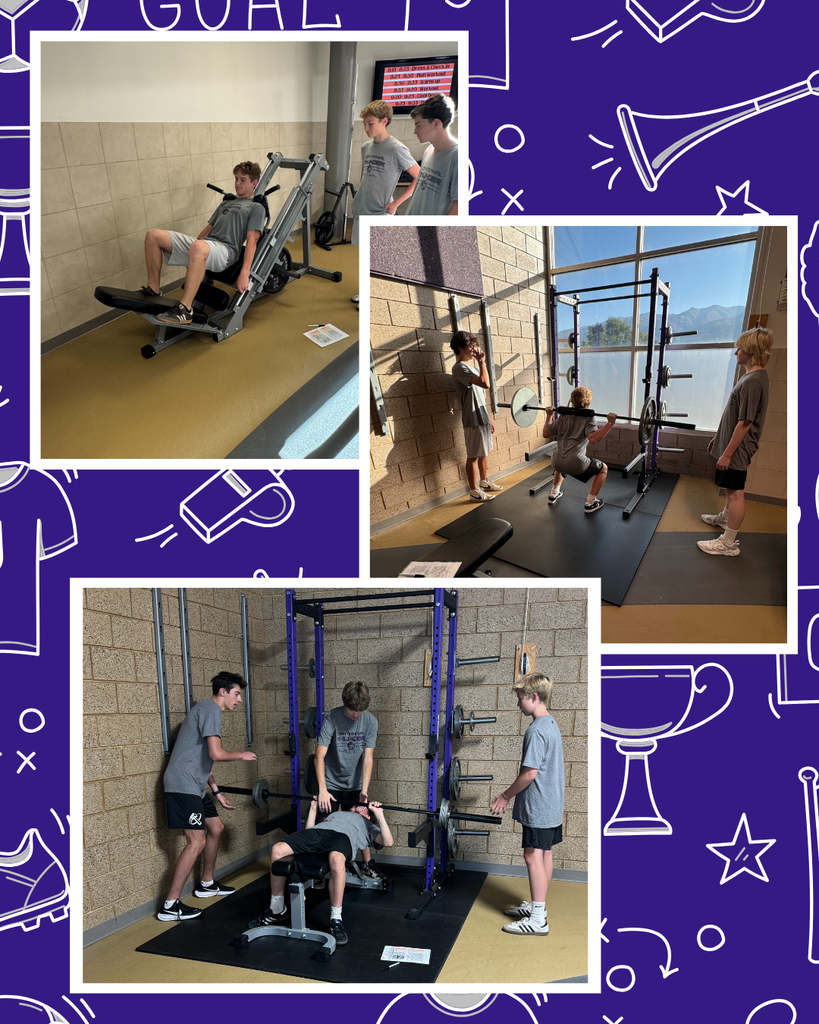students working out with weights on a purple background with white pictures of trophies and whistles and cleats