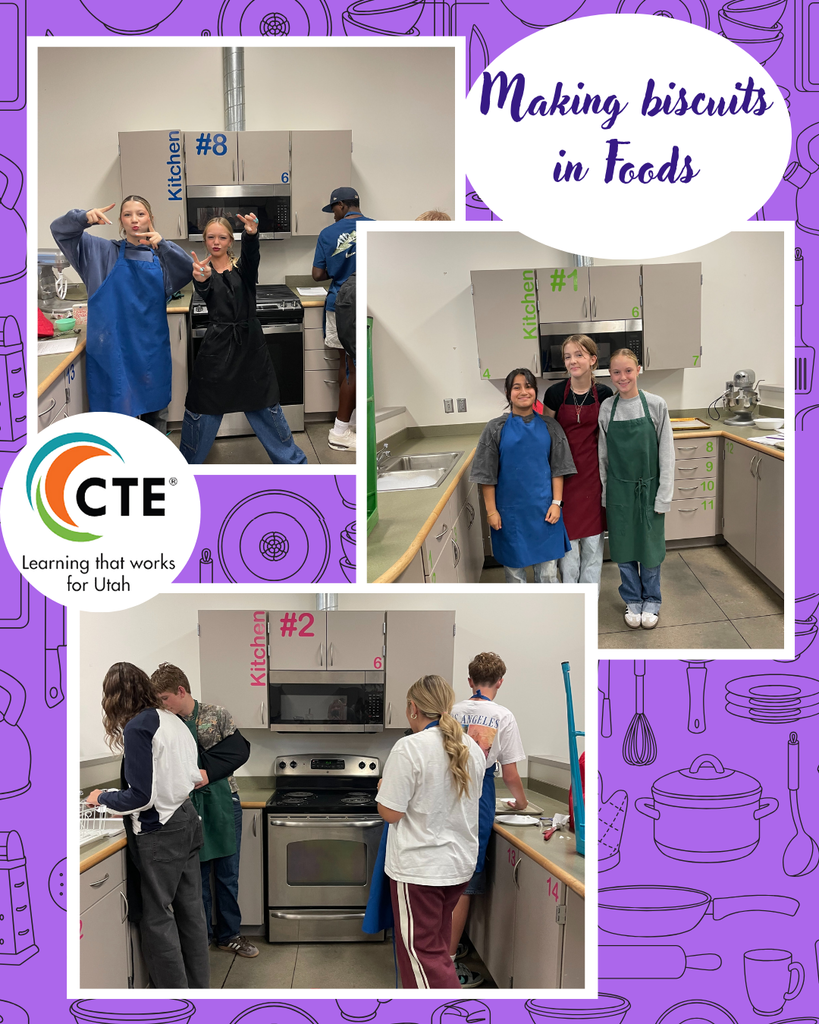 students in school kitchen wearing aprons making biscuts