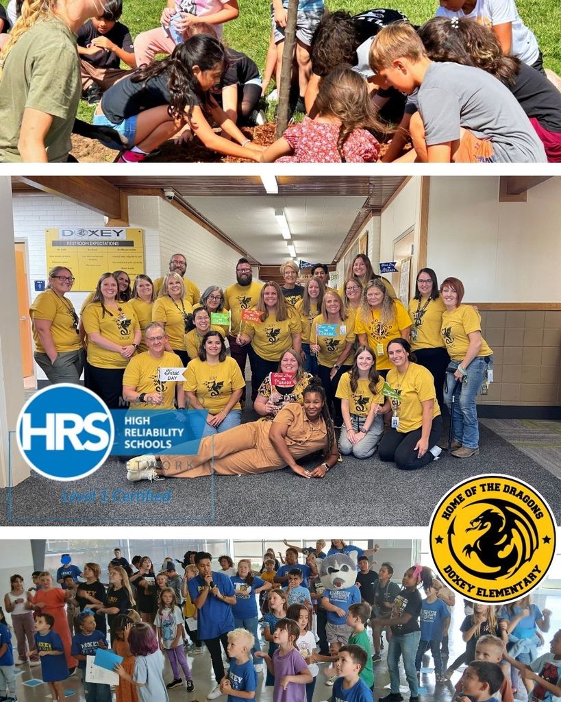 Three-photo collage celebrating Doxey Elementary's HRS Level 1 certification. Top photo shows students gathered around planting a tree together outdoors. Middle photo features Doxey Elementary staff wearing matching yellow "Doxey Dragons" t-shirts, posing in a school hallway with HRS (High Reliability Schools) logo visible in bottom left corner and "Home of the Dragons - Doxey Elementary" logo in bottom right corner. Bottom photo shows a large group of students and teachers gathered in what appears to be a multipurpose room during a school celebration event.
