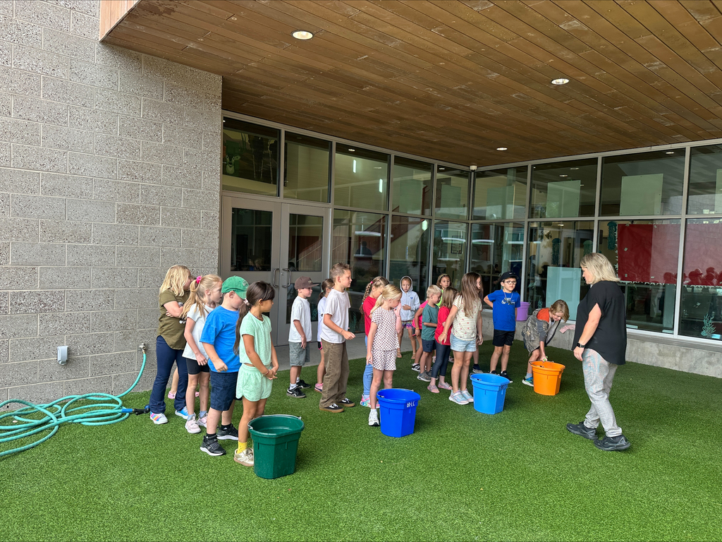 Students standing in 4 lines behind water buckets