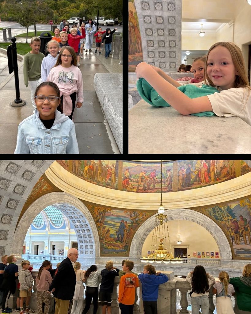 Photo collage of 4th grade students on field trip to Utah State Capitol Building