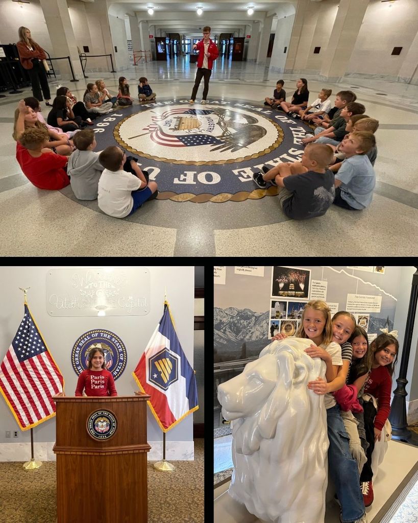 Photo collage of 4th grade students on field trip to Utah State Capitol Building