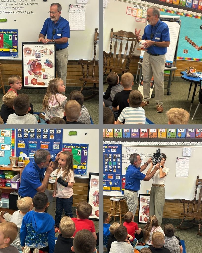 Collage of eye doctor demonstrating vision tools.