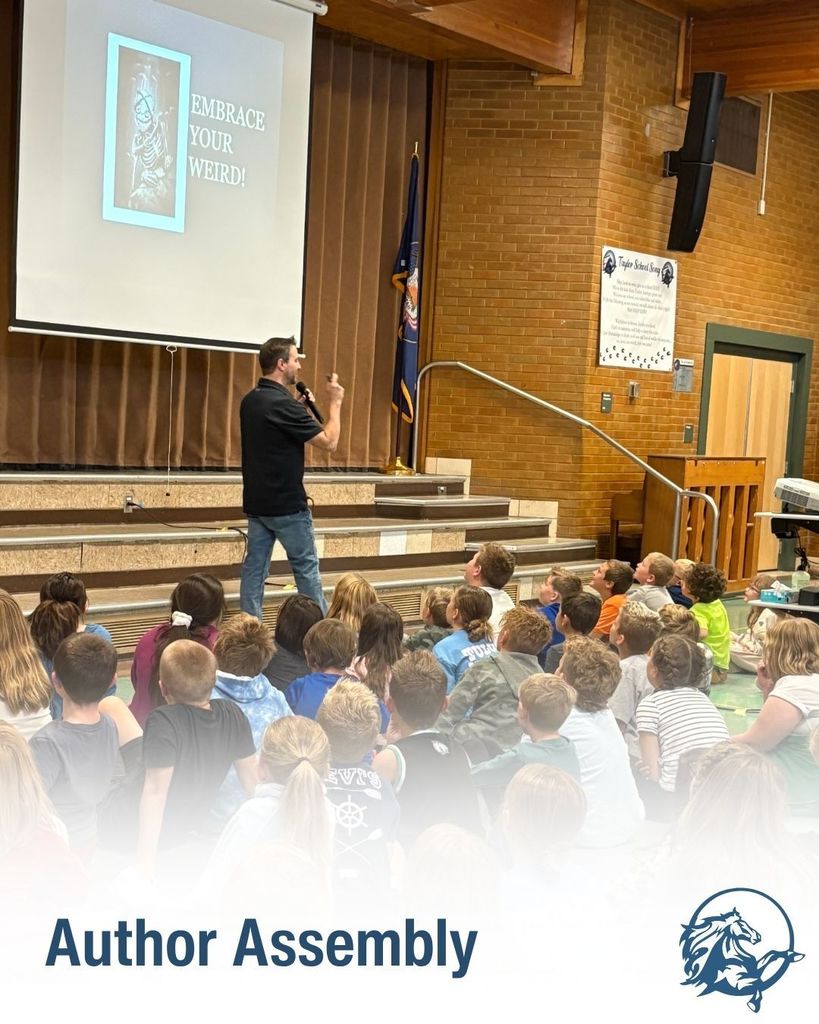 Image of Frank Cole talking to students at assembly. Text, "Author Assembly." Taylor Elementary logo.