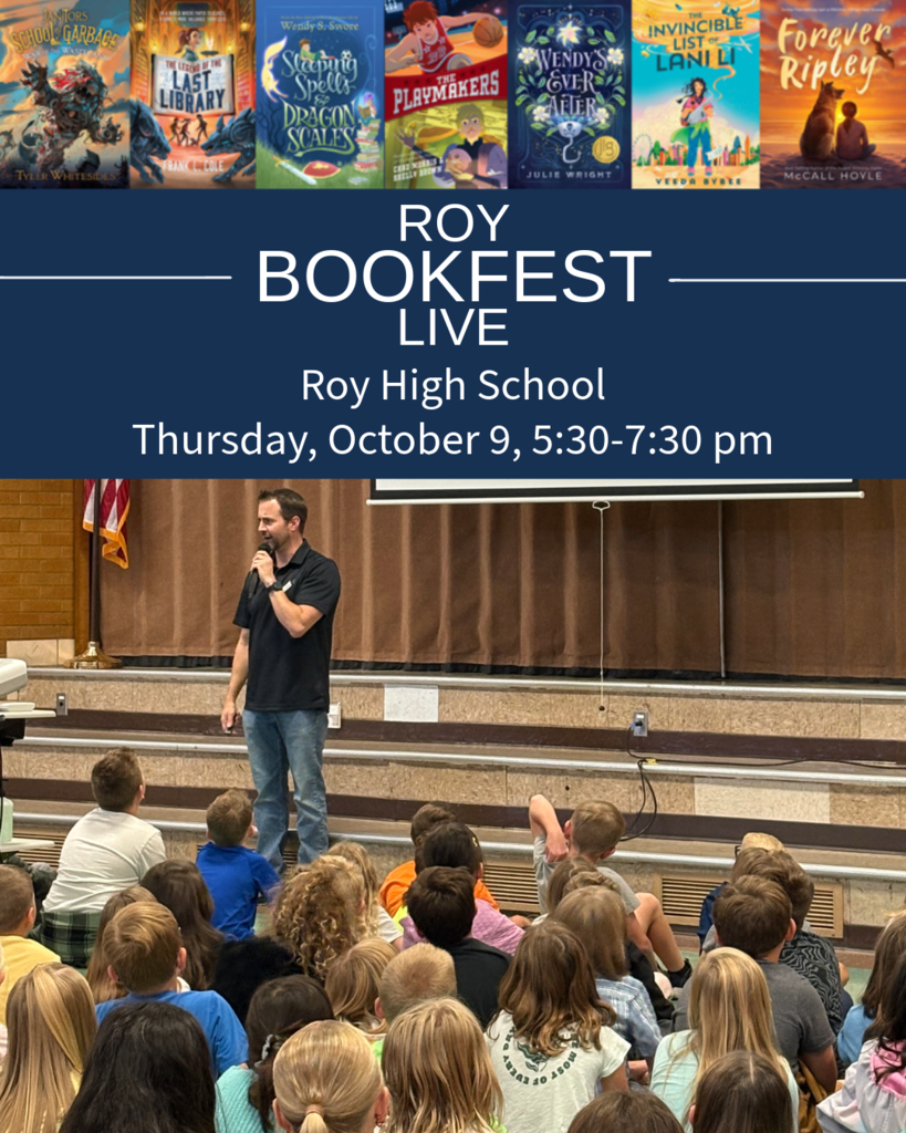 Image of Frank Cole and some of his books that he has written. Text about upcoming event, "Roy Bookfest Live. Roy High School .Thursday, October 9 5:30-7:30 pm"