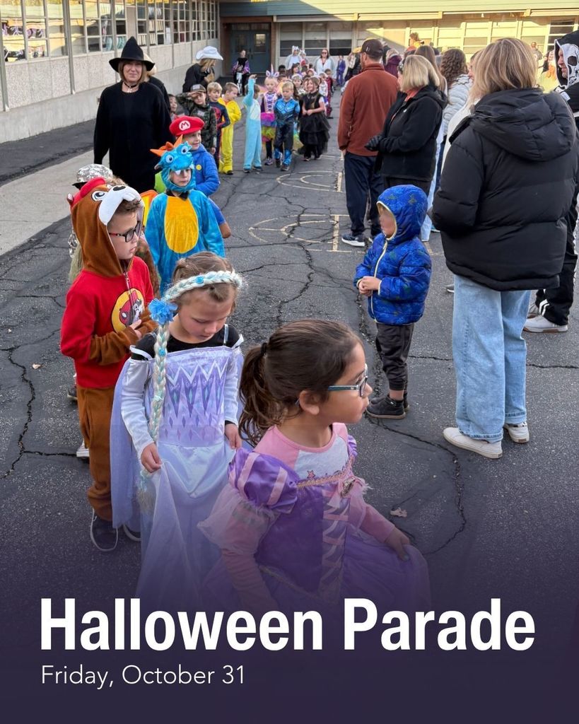 Photo of students walking in costumes. Text, "Halloween Parade - Friday, October 31"
