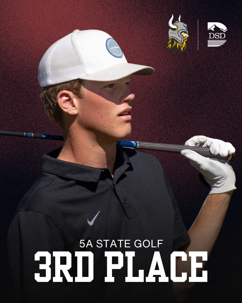 A golfer looking to the right with words that say 5A State Golf 3rd Place.