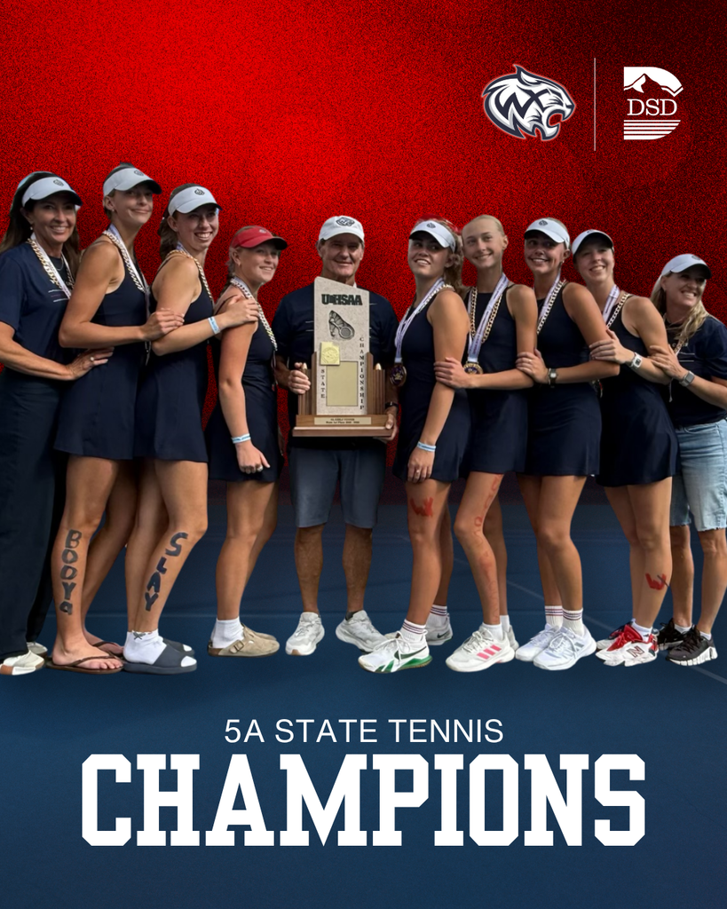 Team photo of the Woods Cross Girls Tennis Team. There is text that says 5A State Tennis Champions.