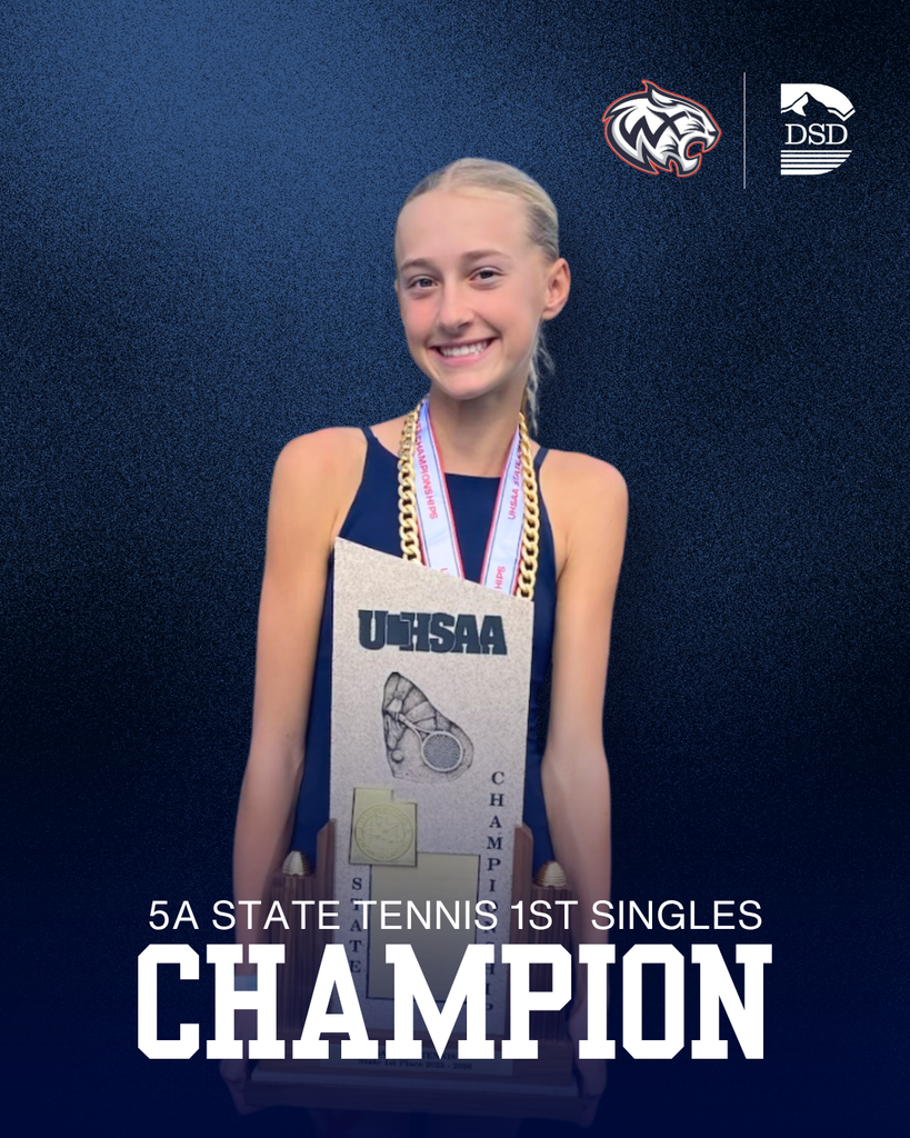 A tennis player holding up their Championship trophy. The bottom of the graphic says 5A State Tennis 1st Singles Champion