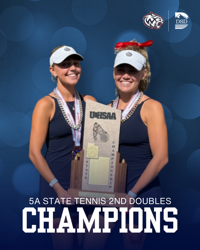 Two tennis players holding up their trophy. The bottom says 5A State Tennis 2nd Doubles Champions