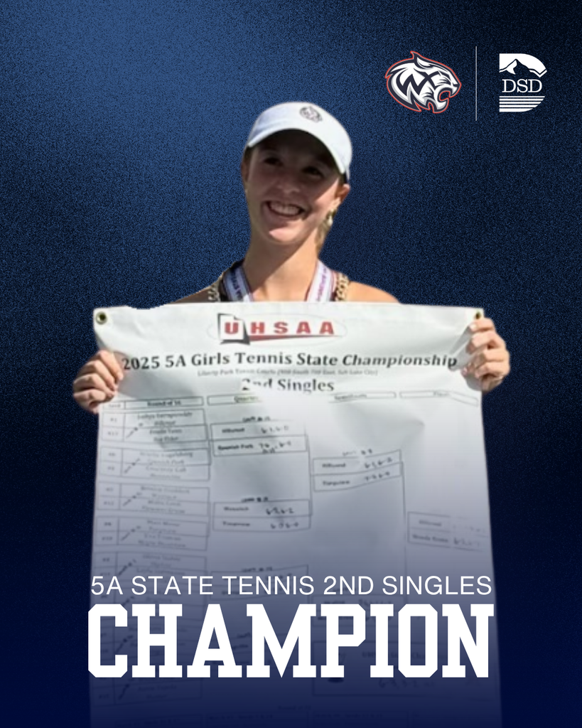 A tennis player holding up their Championship trophy. The bottom of the graphic says 5A State Tennis 2nd Singles Champion