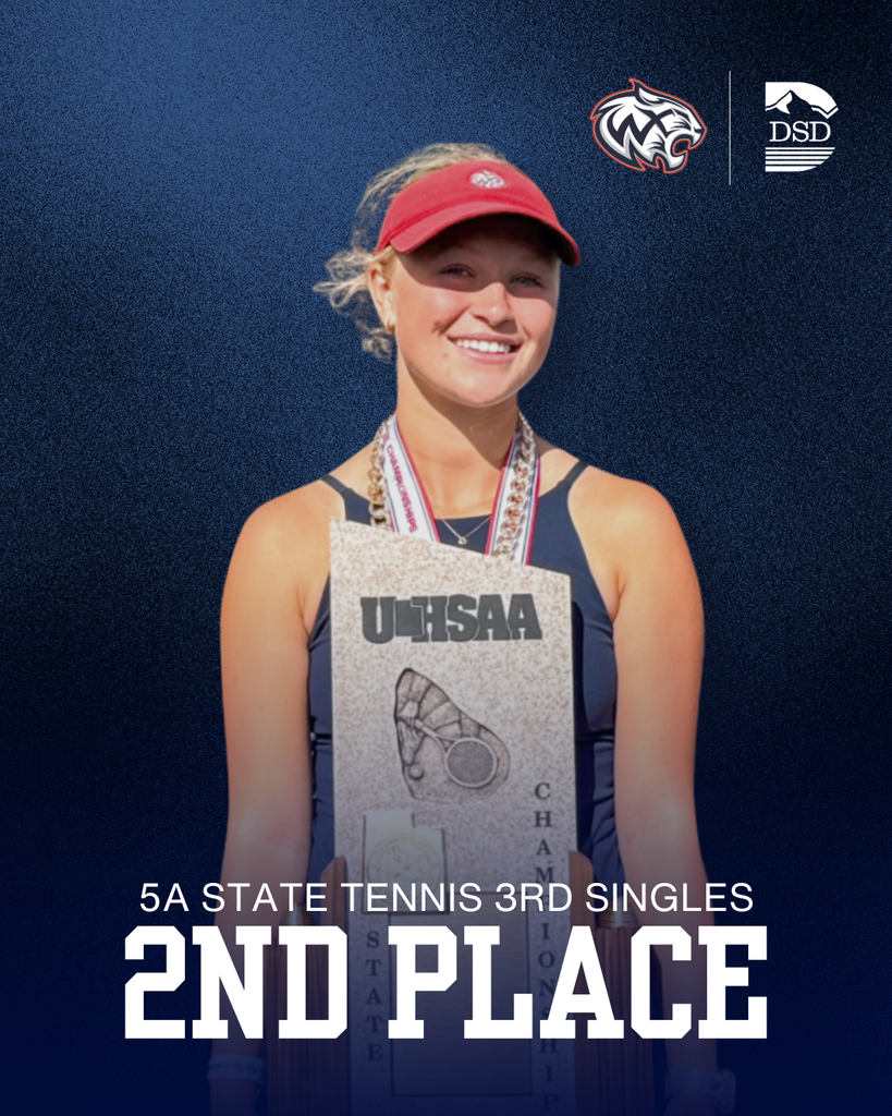 A tennis player holding up their Championship trophy. The bottom of the graphic says 5A State Tennis 3rd Singles 2nd place