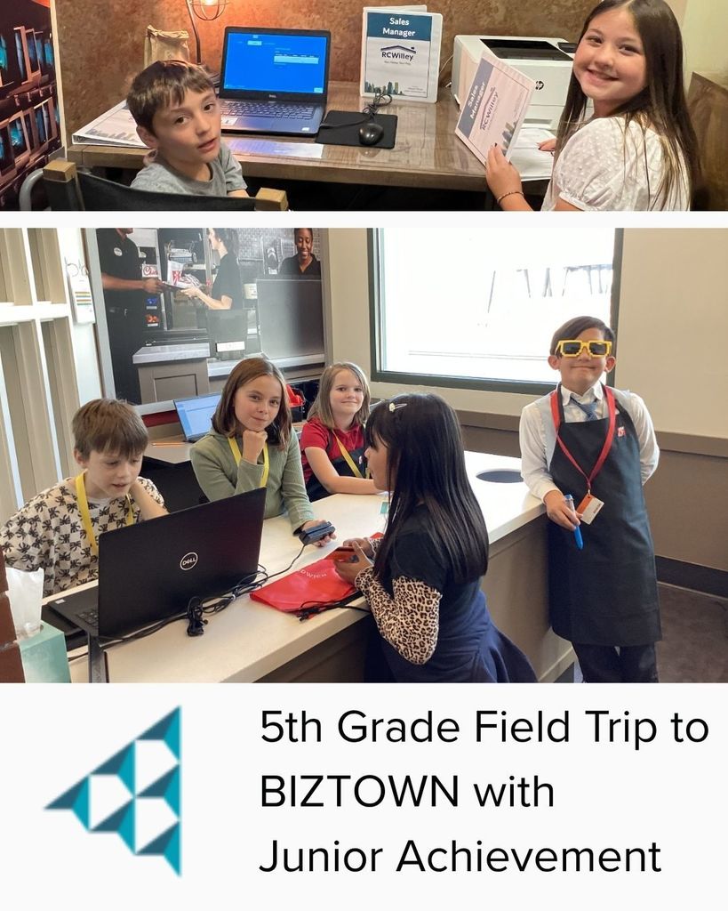 Text on white background, "5th Grade Field Trip to BIZTOWN with Junior Achievement." Junior Achievement logo and collage of students.