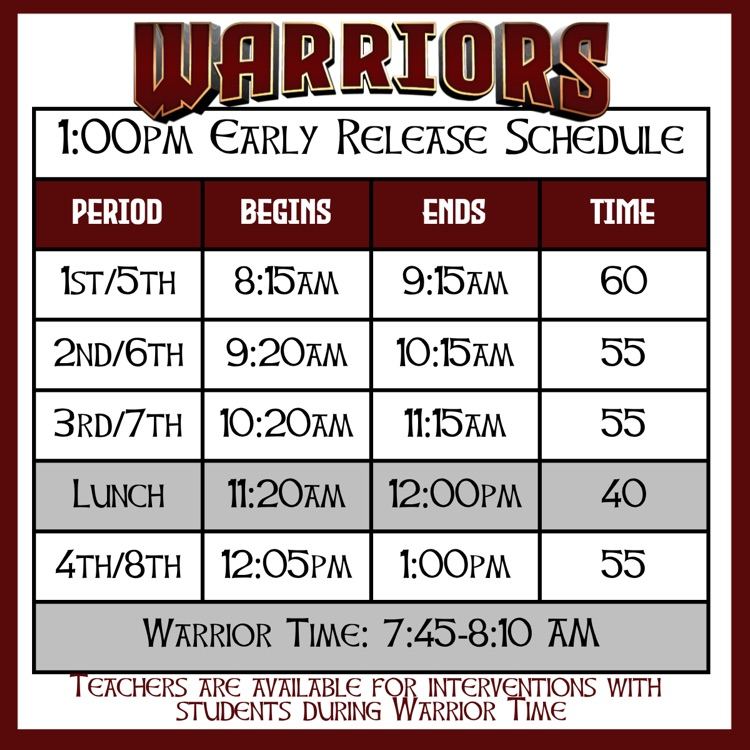 warriors 1:00pm early release schedule monday October 20