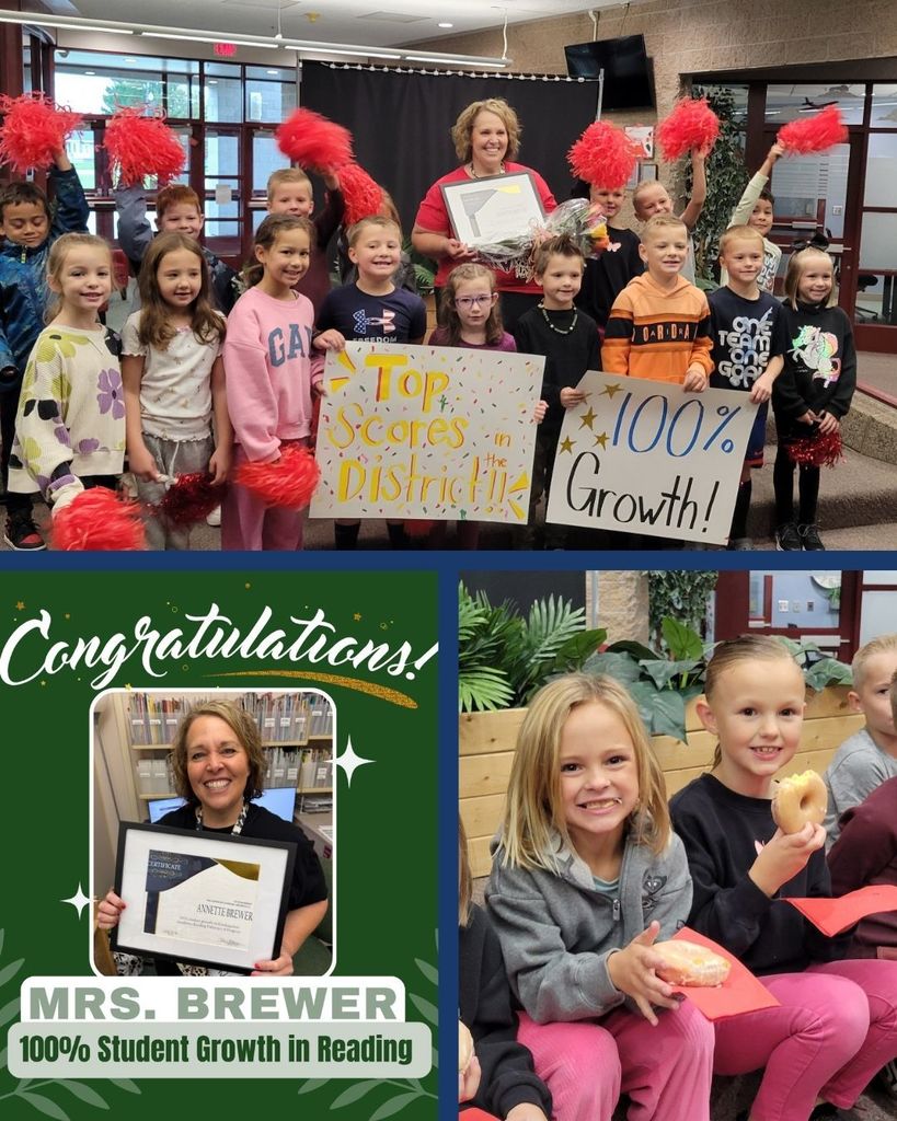 Mrs. Brewer and students holding signs, pom poms, and eating donuts.