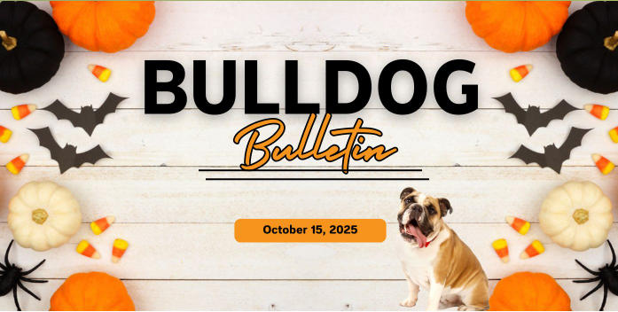 Bulldog bulletin with bulldog, pumpkins, bats, spiders, and candy corn