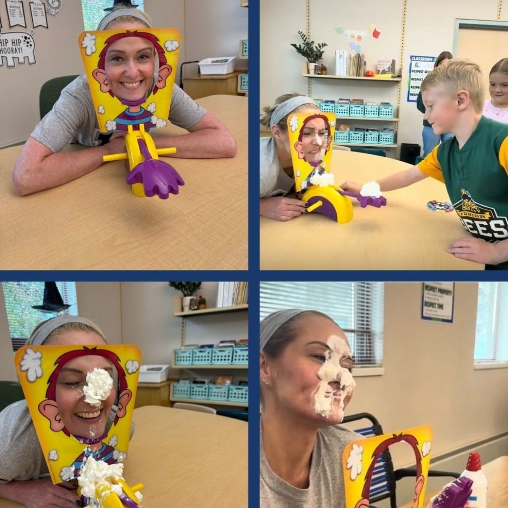 Principal Lowery with whipped cream on her face after playing the Pie Face game.