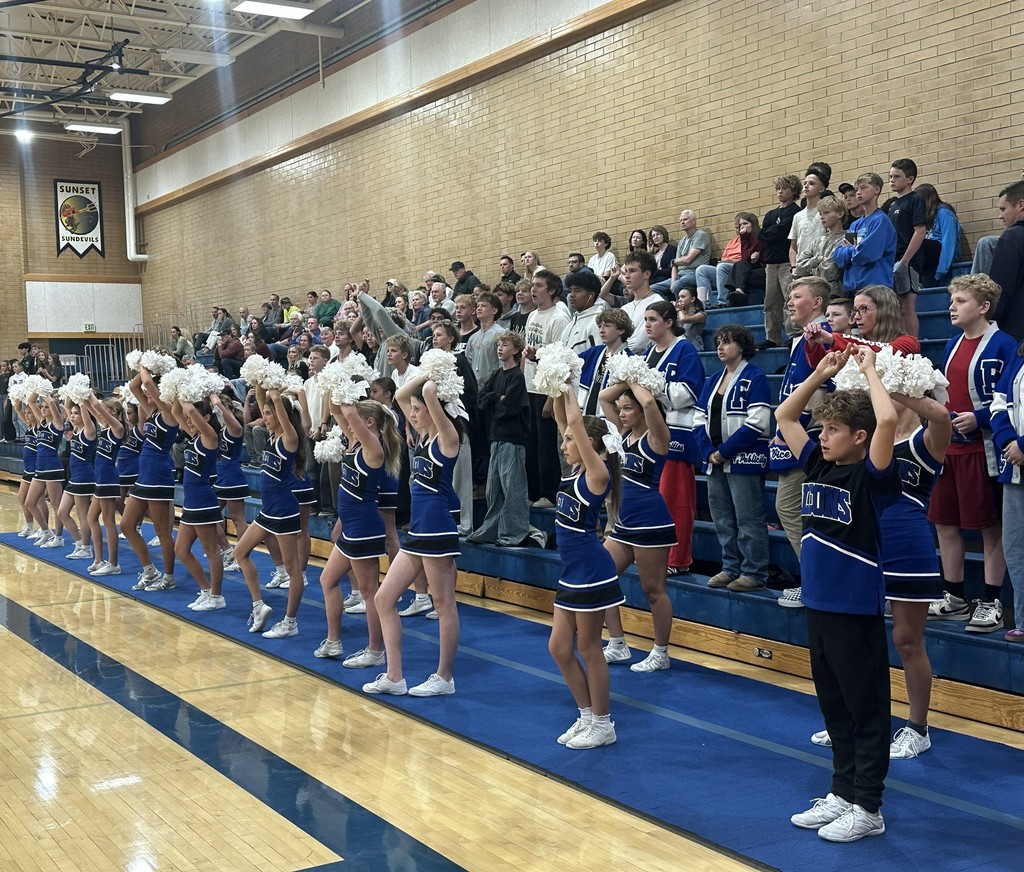 Our cheerleaders, cheering for the game, with the crowd sitting behind them in the bleachers.