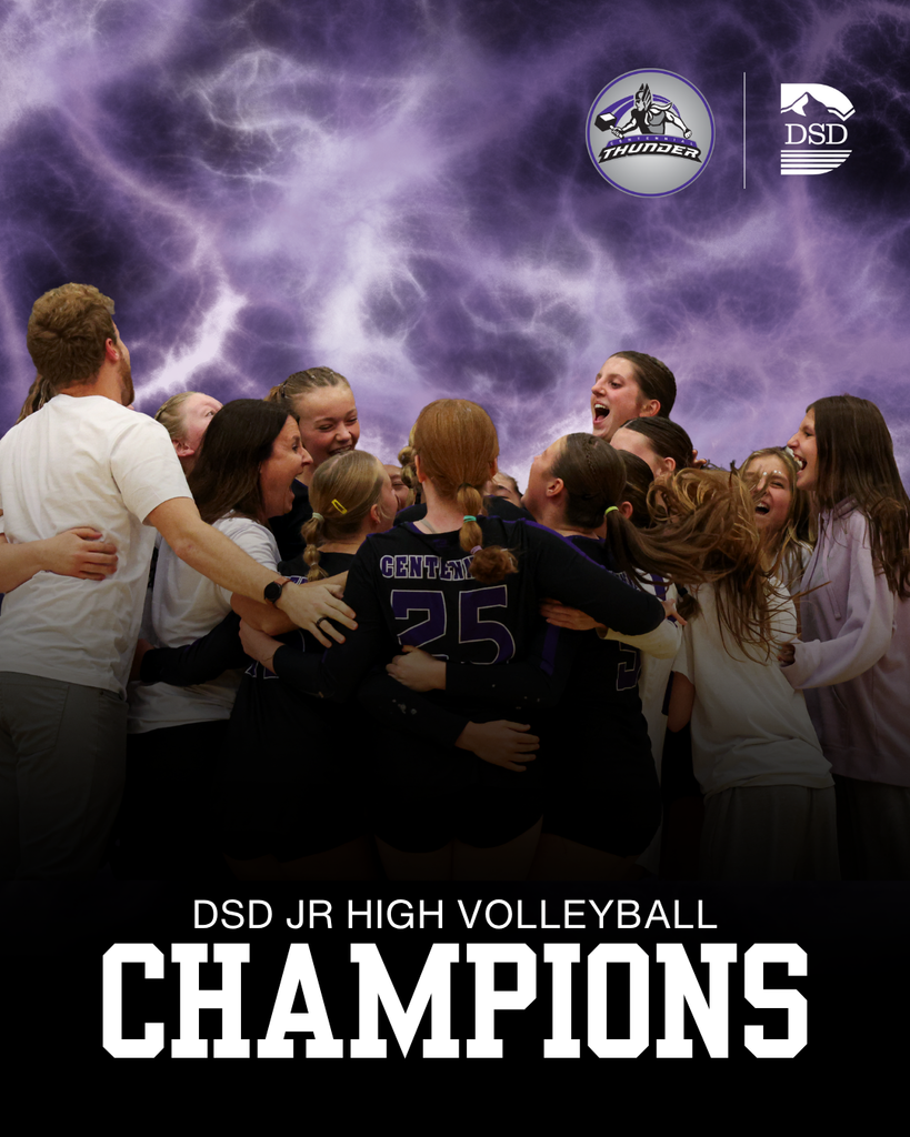 A group of volleyball players celebrating with the words "DSD Jr High Volleyball Champions" across the bottom of the graphic.