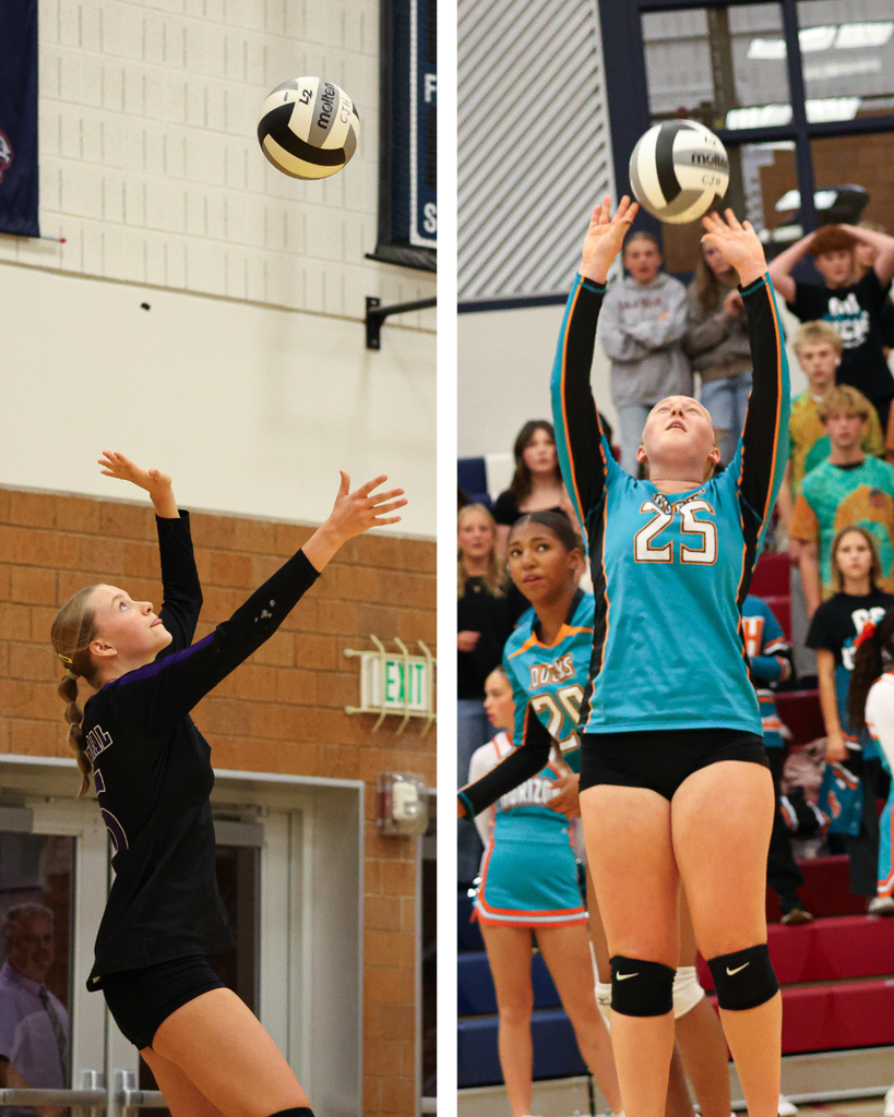 two volleyball players hitting and setting a volleyball.