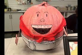 Pumpkin painted and decorated to look like Captain Underpants.