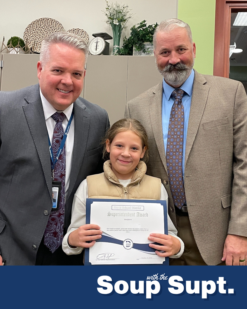 A photo of a student holding a certificate with their principal and Superintendent Linford. There is a graphic along that bottom that says: "Soup with the Supe."