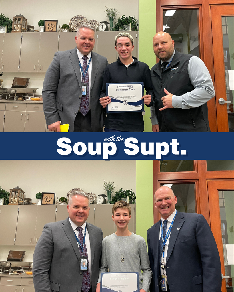A photo of students holding a certificate with their principals and Superintendent Linford. There is a graphic along the middle that says: "Soup with the Supe."