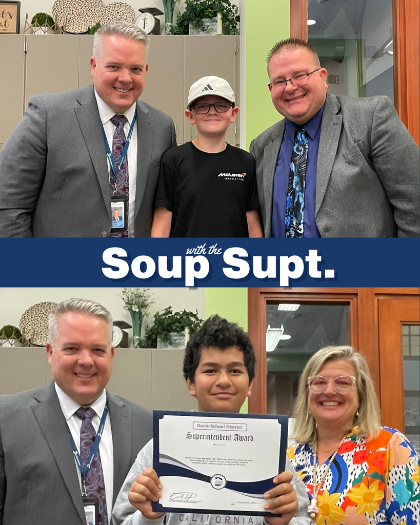 A photo of students holding a certificate with their principals and Superintendent Linford. There is a graphic along the middle that says: "Soup with the Supe."