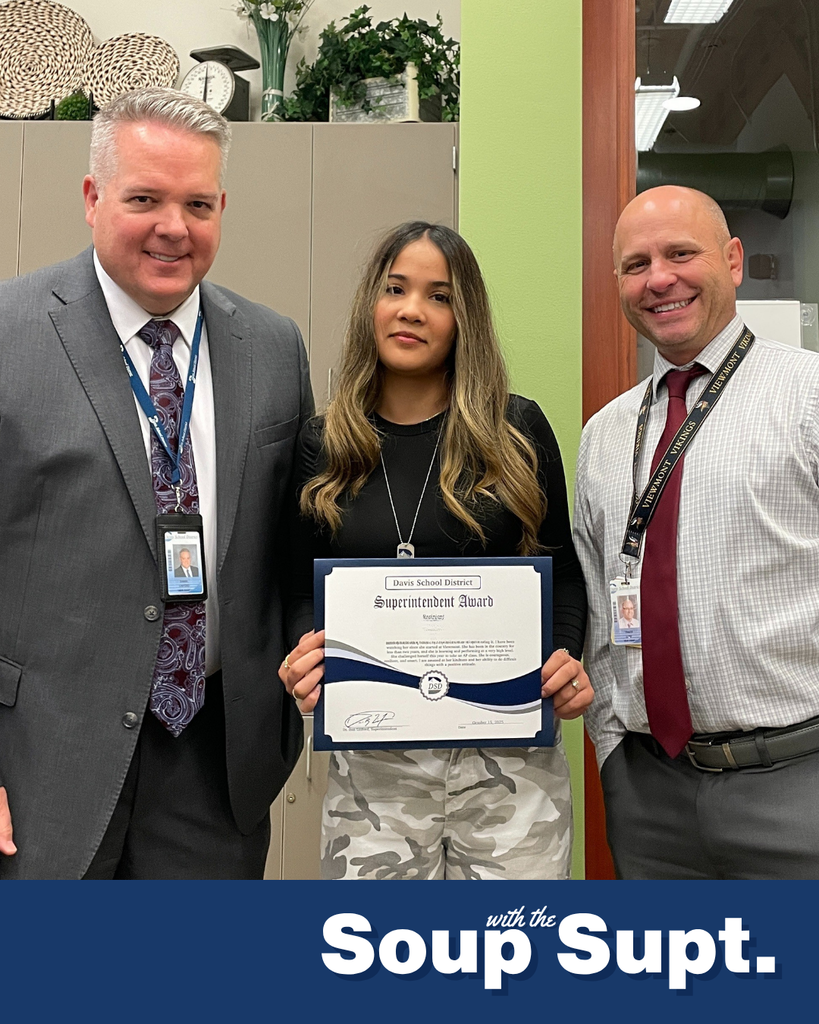 A photo of a student holding a certificate with their principal and Superintendent Linford. There is a graphic along that bottom that says: "Soup with the Supe."