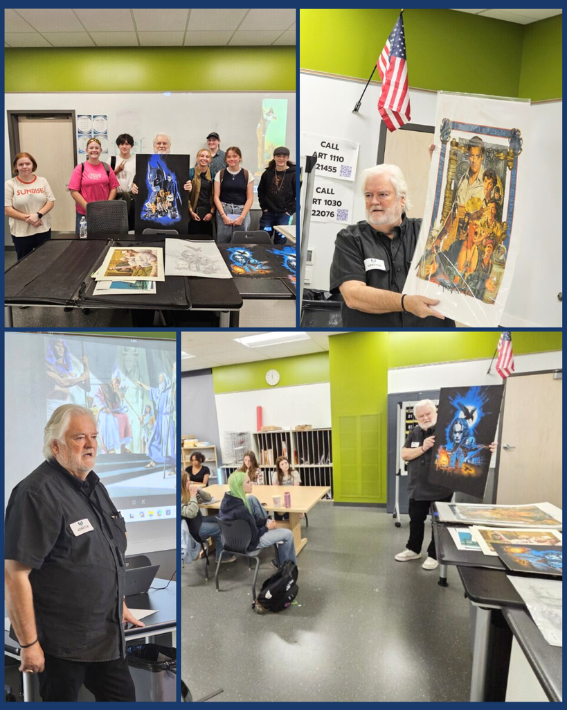 A collage of images of veteran illustrator Paul Mann teaching at Farmington High School.