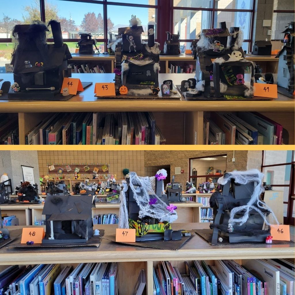 Haunted Houses constructed out of paper and decorated with various Halloween Decorations.