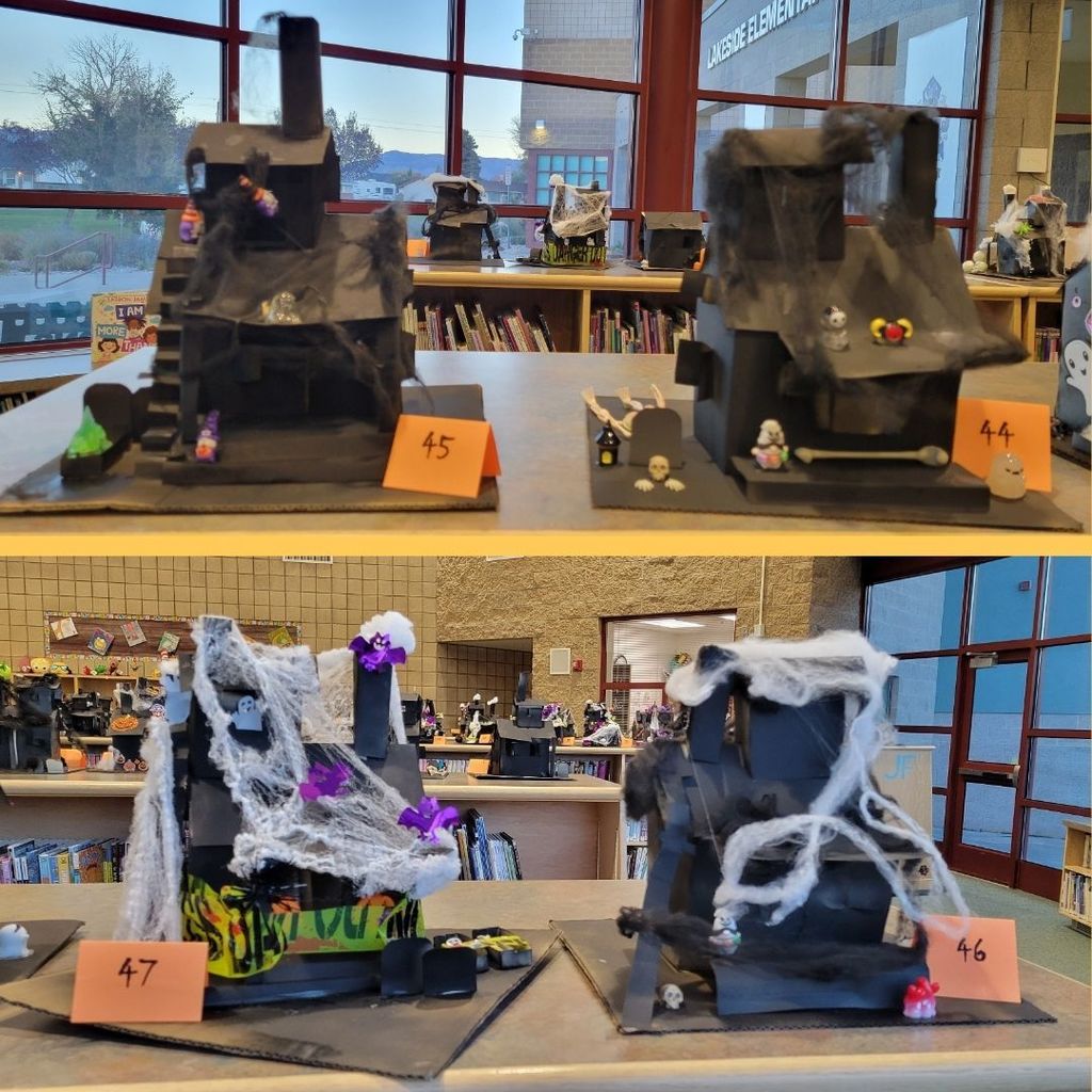 Haunted Houses constructed out of paper and decorated with various Halloween Decorations.