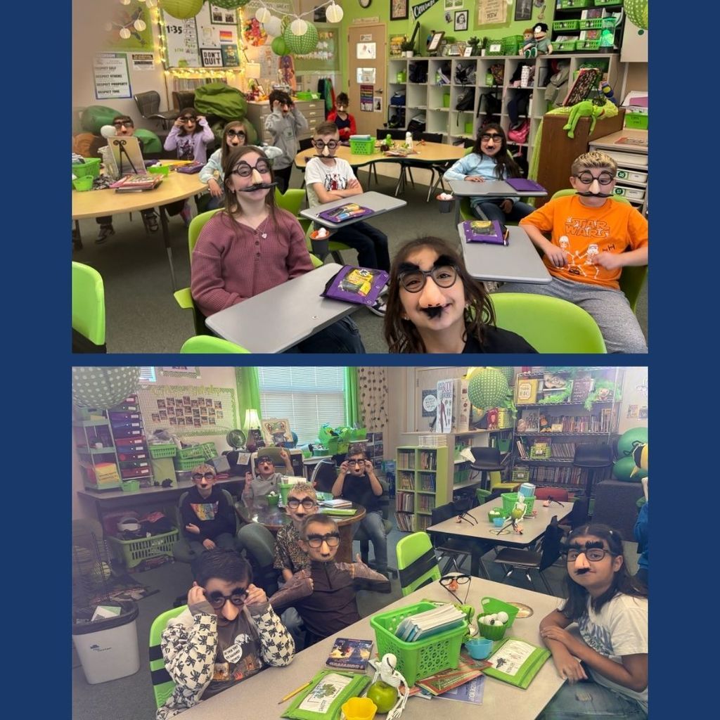 Students in a classroom wearing funny glasses with a big nose and mustache.