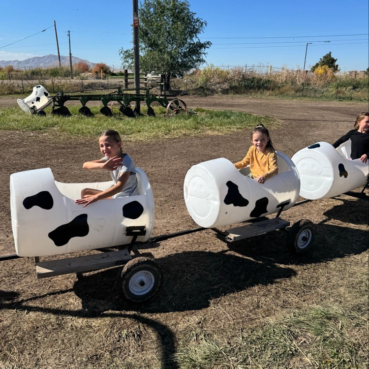 kids riding in a cow theme train.