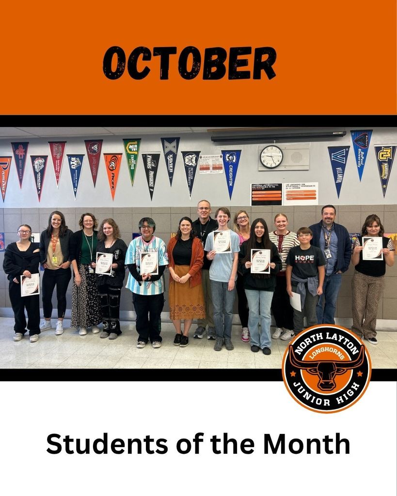 Seven students stand with their teachers holding certificates celebrating them as Students of the Month for October. 