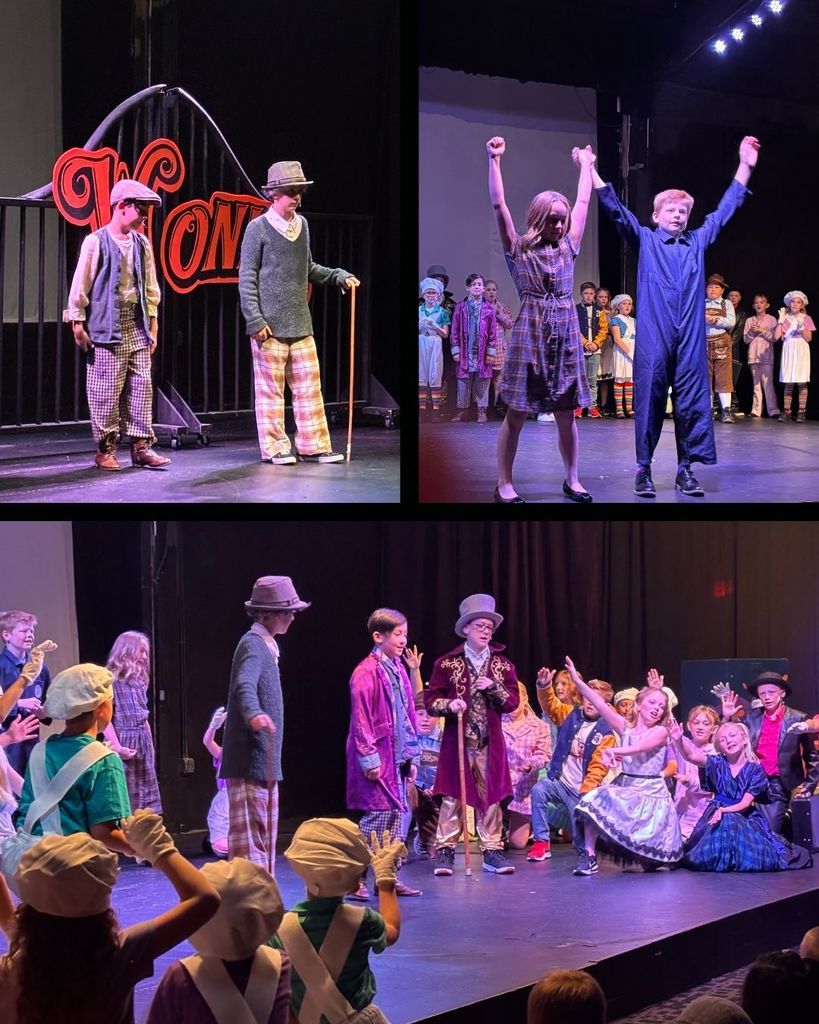 Collage of students performing in the Willy Wonka Jr play.