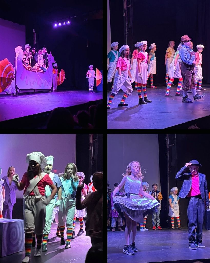 Collage of students performing in the Willy Wonka Jr play.