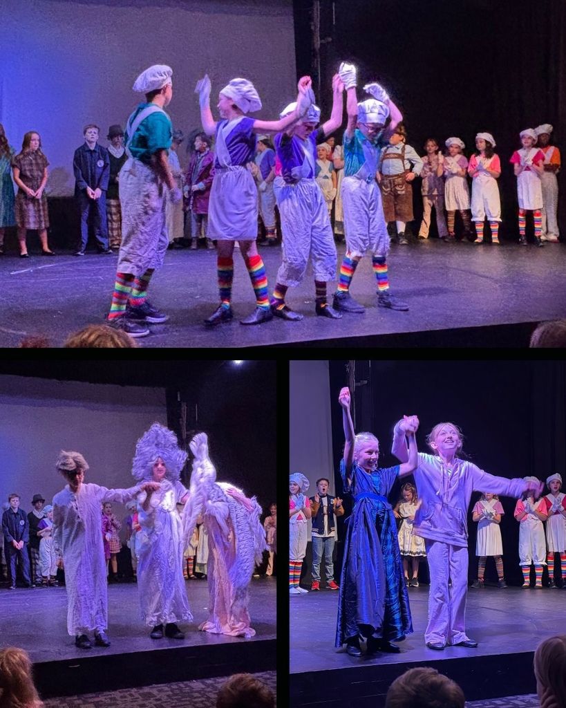 Collage of students performing in the Willy Wonka Jr play.