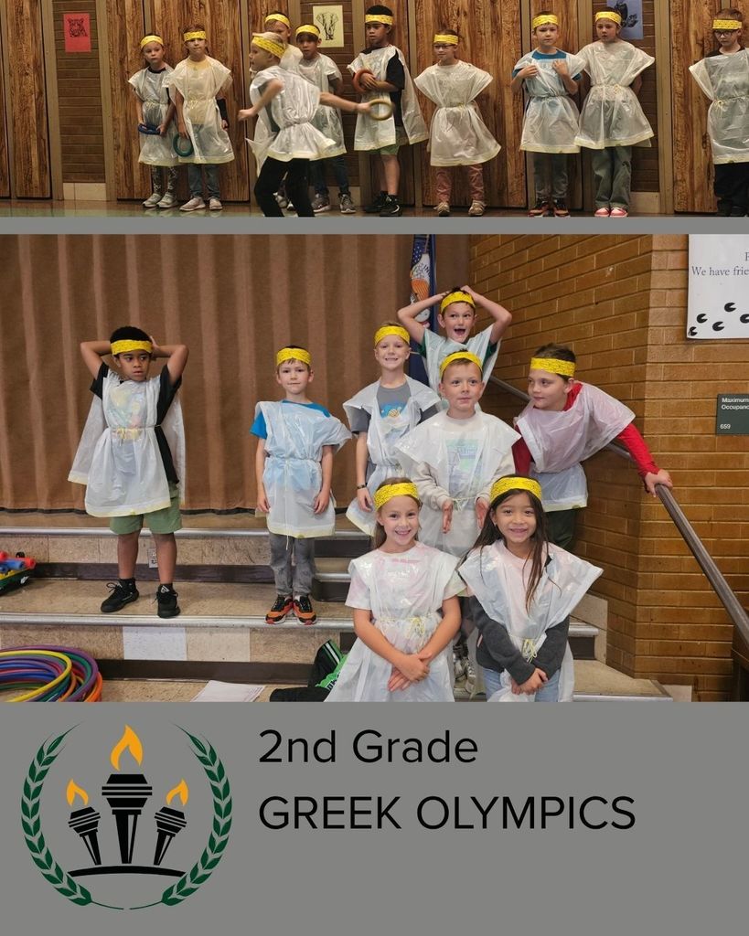 Image of greek style olympic torches and wreath. Text, "2nd Grade GREEK OLYMPICS". Images of students participating in olympic-type games. 