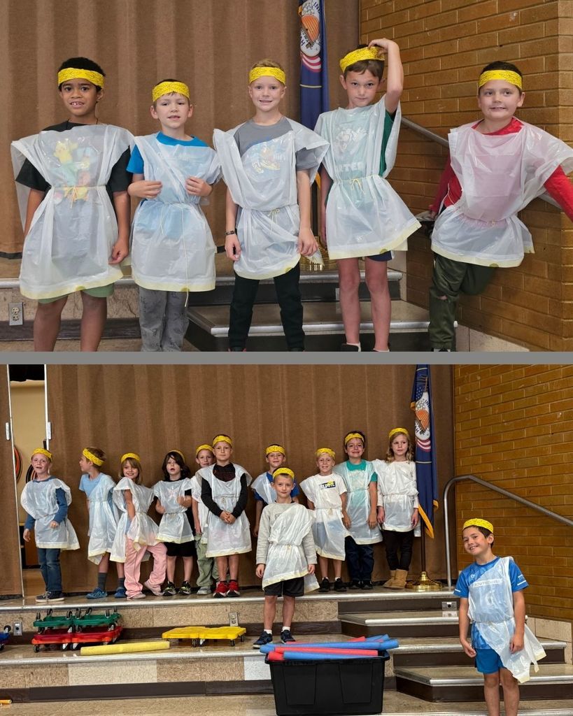 Collage of students participating in olympic-type games while dressed in ancient greek style of apparel. 