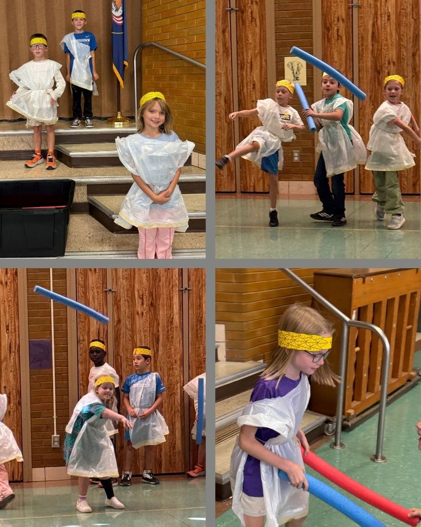 Collage of students participating in olympic-type games while dressed in ancient greek style of apparel. 