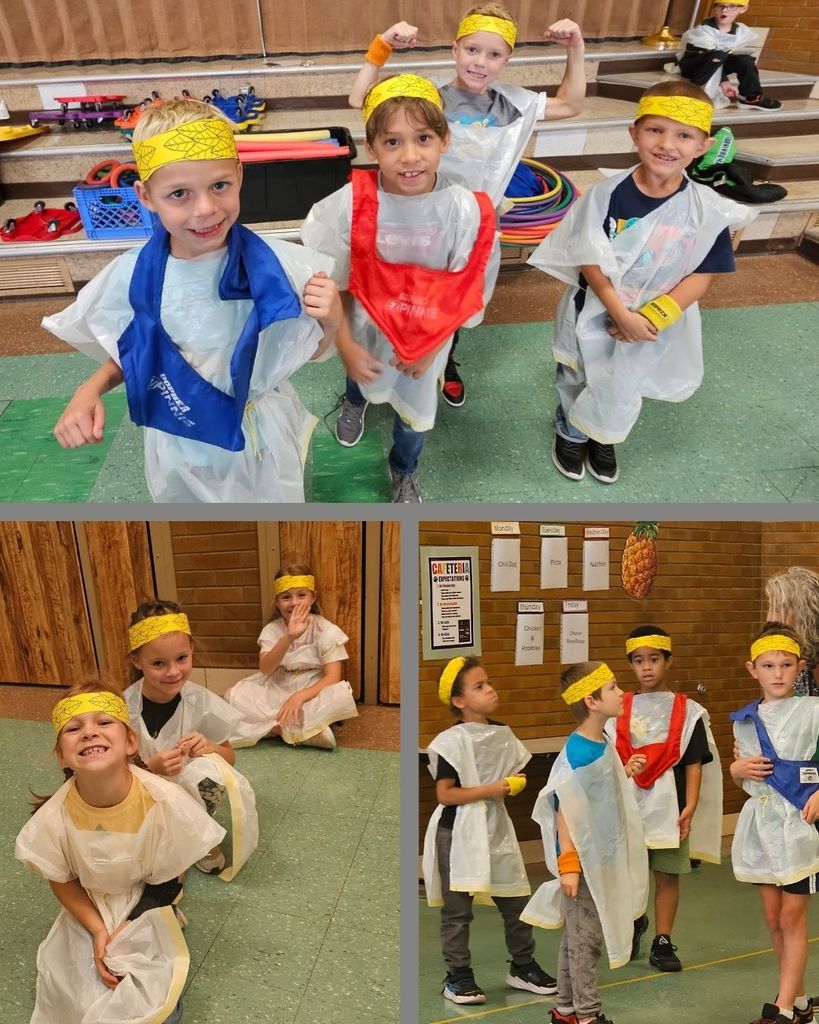 Collage of students participating in olympic-type games while dressed in ancient greek style of apparel. 