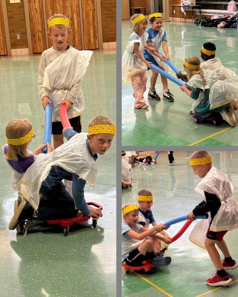 Collage of students participating in olympic-type games while dressed in ancient greek style of apparel. 