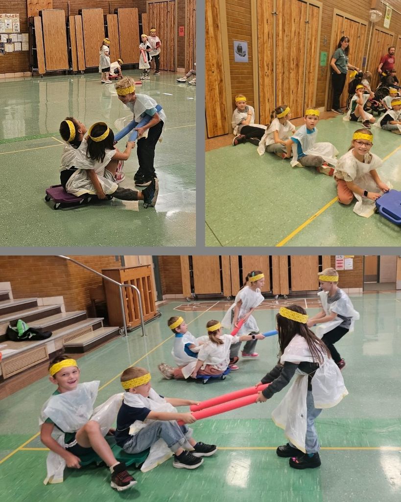 Collage of students participating in olympic-type games while dressed in ancient greek style of apparel. 