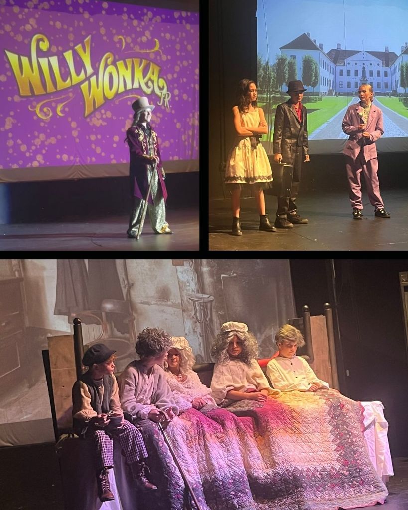 Collage of students performing in the Willy Wonka Jr play.