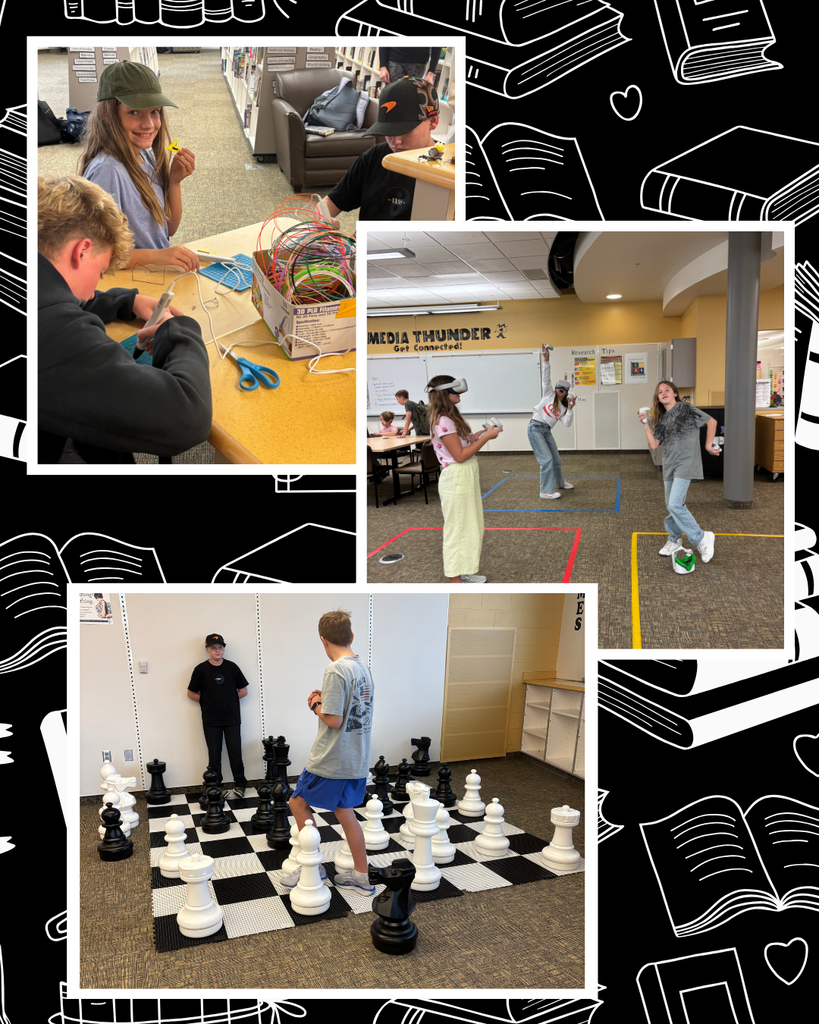 students hanging out in the library at lunch playing chess, using 3D pens, and using VR headsets