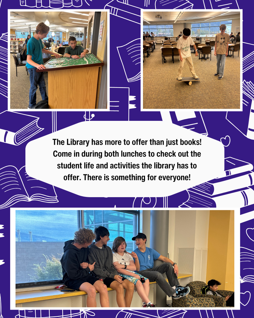students hanging out in the library at lunch doing puzzles, chatting, and on balance boards