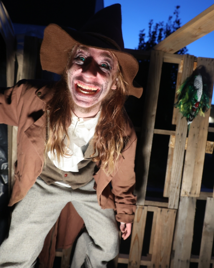 A scarecrow smiling in the dark.